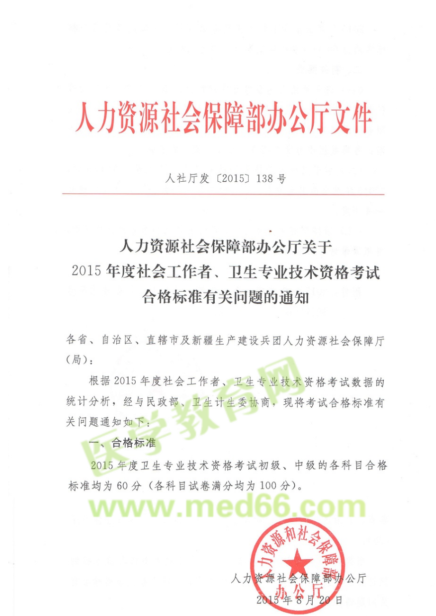 2015年卫生专业技术资格考试成绩合格标准为60分